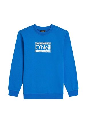 Blaues Sweatshirt mit langen Ärmeln, gerippten Bündchen und Saum, mit weißem O'Neill-Logo und Text auf der Vorderseite. Weicher, glatter Stoff.