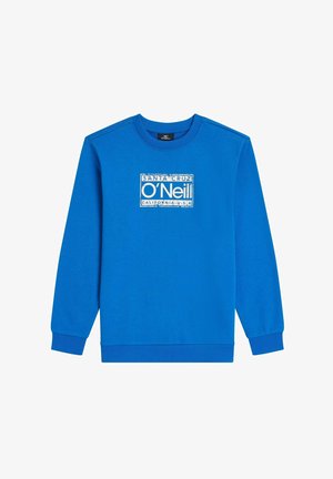 Mėlynas džemperis su ilgomis rankovėmis, ribinėmis rankogaliais ir apačia, priešais esantis balto O'Neill logotipas ir tekstas. Minkšta, lygi audinio tekstūra.