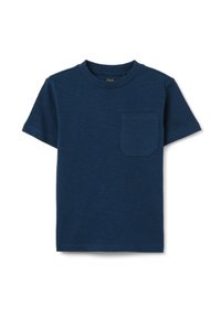 Marineblauw T-shirt met korte mouwen gemaakt van zachte stof, met een ronde halslijn en een borstzak met een rechthoekige opening.