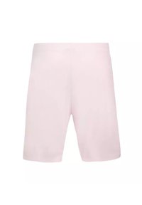 Shorts de sport rose clair fabriqués en tissu lisse, avec une coupe décontractée et une taille élastique. Pas de poches visibles ni de motifs.