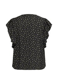 Blouse noire à manches courtes avec petit motif floral jaune et manches à volants, vue de dos.