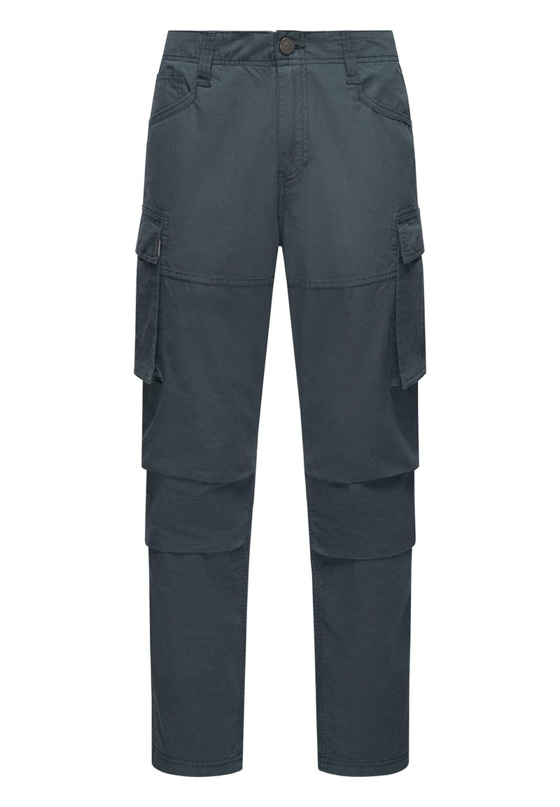 Donkergrijze cargobroek gemaakt van duurzaam materiaal, met meerdere zijzakken, een knoopsluiting en een rechte pijpdesign.