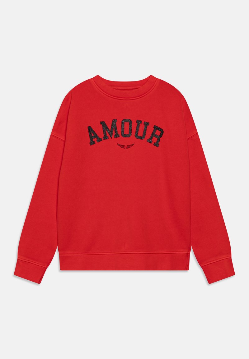 Punane kapuutsiga särk, mis on valmistatud pehmest kangast ja millel on must tekst "AMOUR" tekstuuriga viimistlusega. Ringkaelus ja pikad varrukad.