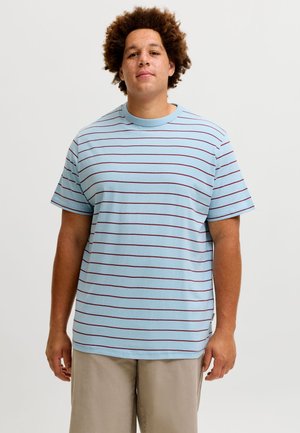 Tânăr cu păr creț, purtând un tricou bleu cu dungi subțiri orizontale roșii și pantaloni scurți bej, stând în fața unui fundal simplu.