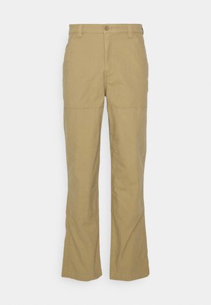 Khaki cotton pants with a straight cut, featuring two side pockets, a button closure, and a knee seam for added design detail.