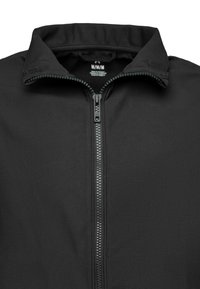 Black zip-up jacket with a stand collar, featuring a smooth texture and exposed zipper, suitable for casual wear. Tag inside for sizing.