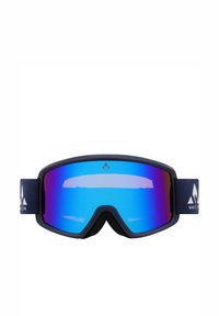 Laskettelulasit, joissa on sininen peilipinta, tumma kehys ja tummansininen elastinen hihna, jossa on valkoinen vuoristologotypede. Liu'uton pinta ja suojavaimennus.