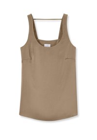 Beige mouwloos topje met een vierkante halslijn, rechte onderkant en dunne bandjes op de achterkant. Gemaakt van gladde stof zonder zichtbare patronen.
