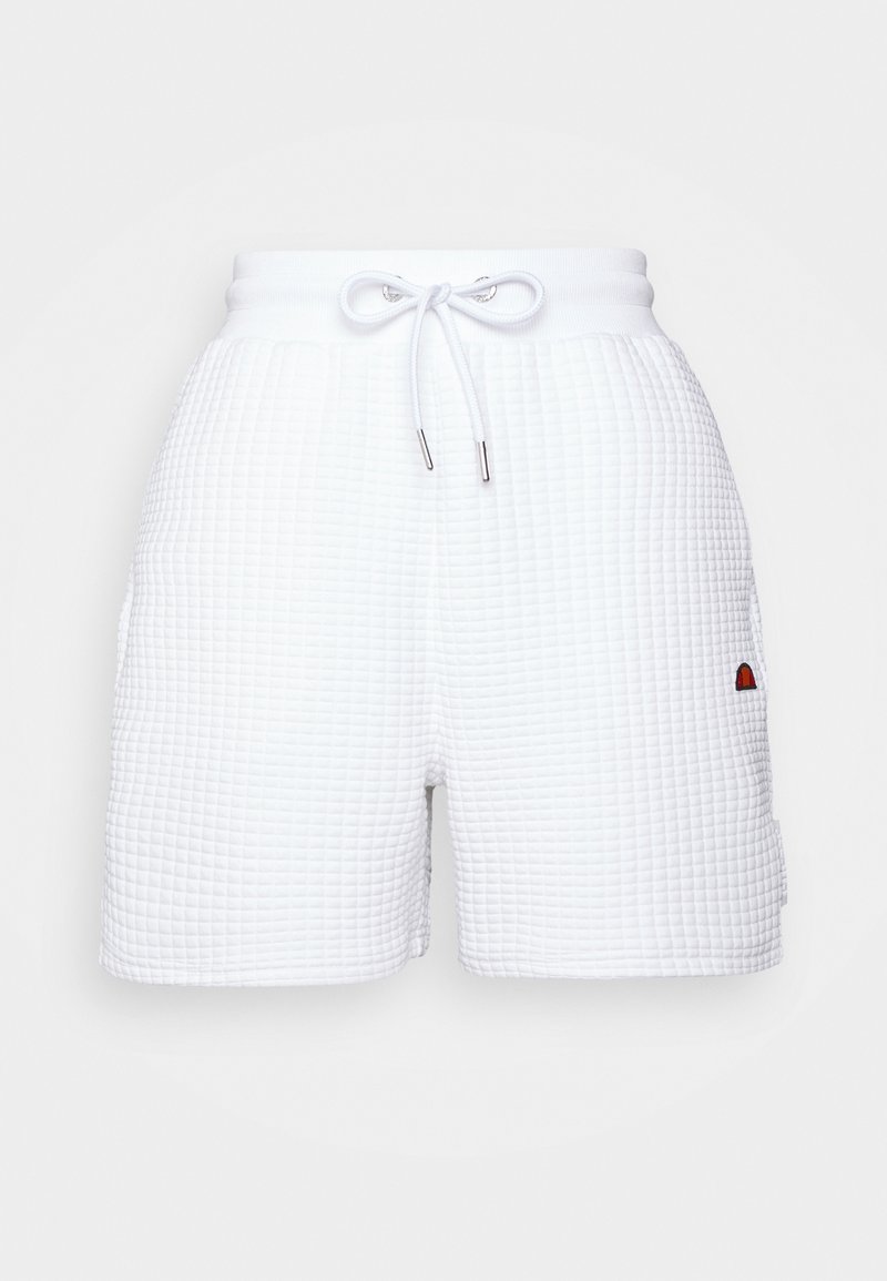 Short en tissu blanc texturé avec taille à cordon et petit logo rouge et orange sur le côté droit.