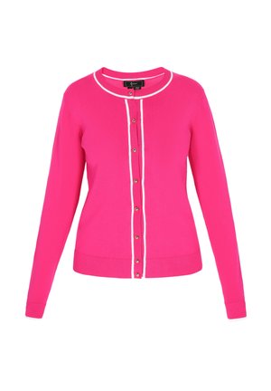 Pink cardigan in a soft knit, featuring a rounded neckline, white trim, and six metallic buttons down the front. Long sleeves, fitted waist.