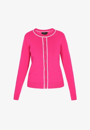 Rosa Strickjacke aus einem weichen Garn, mit rundem Ausschnitt, weißen Akzenten und sechs metallischen Knöpfen auf der Vorderseite. Lange Ärmel, taillierte Passform.