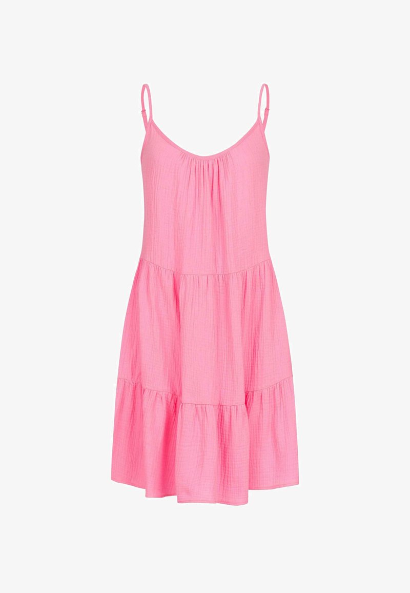 Robe sans manches rose avec un corsage ajusté et une jupe en volants superposés. Fabriquée en matériau léger avec une finition texturée.