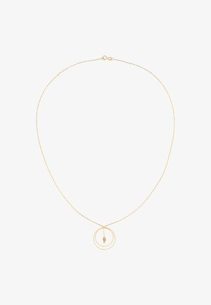 Gouden halsketting met een ketting met twee ronde ringen en een klein bladpendant. Zachte textuur en minimalistisch ontwerp.