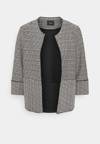 Zwart-witte tweed jas met een ronde hals, lange mouwen en een open voorkant. Kenmerkt zich door een gestructureerd patroon en een effen zwarte binnenkant.