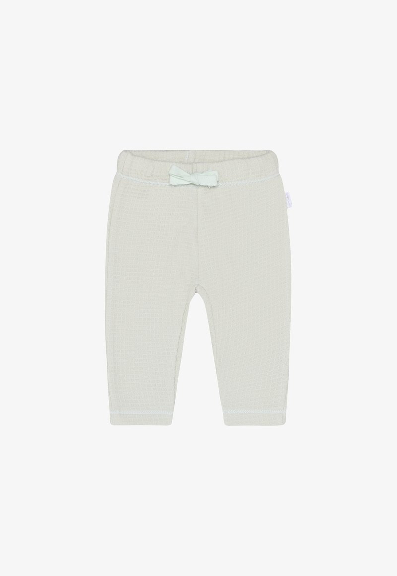 Light green textured leggings with a soft finish, featuring an elastic waistband and a small bow accent at the front.