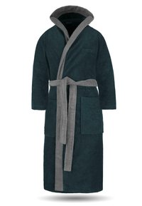Dunkelblauer Bademantel mit grauem Kapuzen, Bündchen und Gürtel. Weicher Frottierstoff, lange Ärmel, zwei Fronttaschen und Wickeldesign.