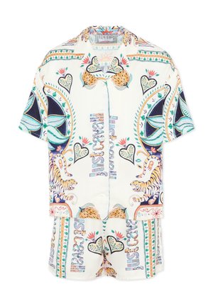 Kortærmet skjorte med knapper og shorts sæt med farverige tropiske og tiger-tema print på hvid baggrund.