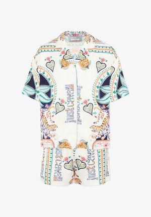 Kortærmet skjorte med knapper og shorts sæt med farverige tropiske og tiger-tema print på hvid baggrund.