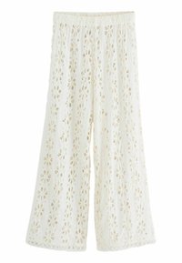 Witte, wijde broek van geborduurd stof met een bloemenmotief in snede. Elastische tailleband met geschulpte randdetails.