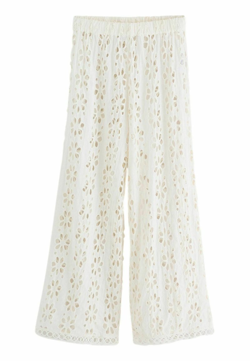 Witte, wijde broek van geborduurd stof met een bloemenmotief in snede. Elastische tailleband met geschulpte randdetails.