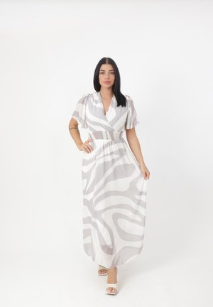Robe maxi en tissu léger ; présente un motif abstrait gris et blanc, des manches courtes à volants et une taille élastique pour un ajustement parfait.