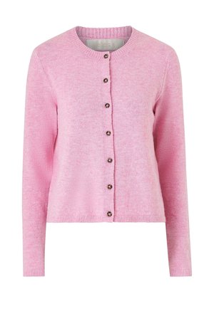 Roze gebreid vest met lange mouwen, ronde halslijn en vijf bruine knopen aan de voorkant. Zacht van structuur en een ontspannen pasvorm.