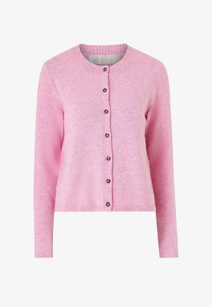 Roze gebreid vest met lange mouwen, ronde halslijn en vijf bruine knopen aan de voorkant. Zacht van structuur en een ontspannen pasvorm.