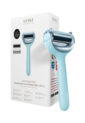 Rouleau bleu à micro-aiguilles pour le visage et le corps à côté de son emballage blanc montrant les accessoires et les fonctionnalités technologiques.