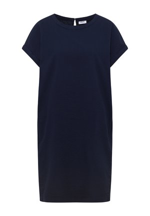 Vestito blu navy con maniche corte, scollo rotondo e chiusura con bottone a occhiello sul retro, con silhouette dritta e semplice.