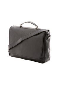 Mallette noire en cuir avec poignée supérieure et sangle d'épaule réglable, vue en angle sur fond blanc.