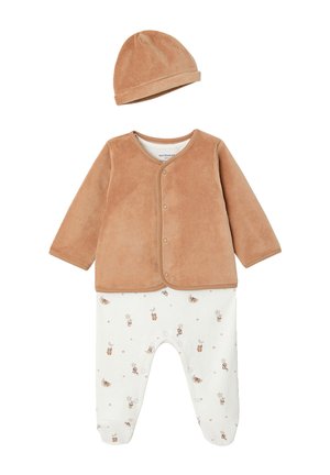 Soft brown baby jacket with matching hat paired with white footed pants featuring small moon and star pattern.