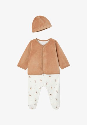 Soft brown baby jacket with matching hat paired with white footed pants featuring small moon and star pattern.