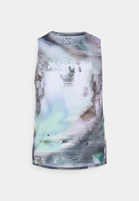 Ärmelloses Sporttanktop mit einem strukturierten Druck in Pastellnuancen von Blau, Grau und Grün, mit einem auffälligen weißen Logo.
