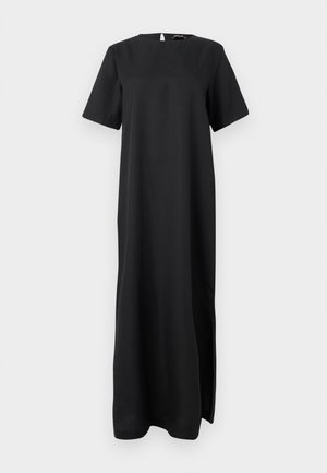 Vestido maxi preto com decote redondo, mangas curtas e fendas laterais. Feito de um tecido suave, apresenta um design minimalista sem padrões.