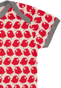 Body per neonato con motivo di uccelli rossi e bordi grigi, caratterizzato da una morbida texture in cotone e ripetuti motivi di uccelli in stile cartoon su uno sfondo crema.