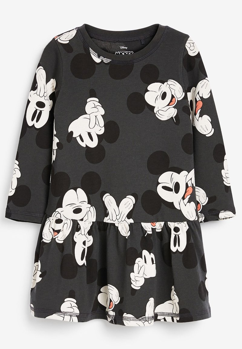 Černé dlouhé šaty s hravým vzorem hlaviček a rukou Mickey Mouse, s rozšířenou sukňou a kulatým výstřihem.