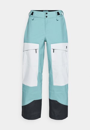 Aqua technical snow pants with white and black accents, featuring a zip fly, two front pockets, and reinforced hems for durability.