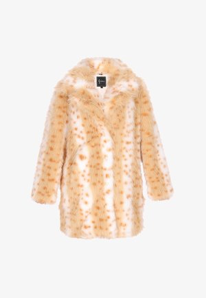 Beige ja valge faux karvkattega mantel oranžide laikudega, millel on sisselõikega krae, nupukinnitus ja pikad varrukad. Pehme, tekstuuriga kangas.