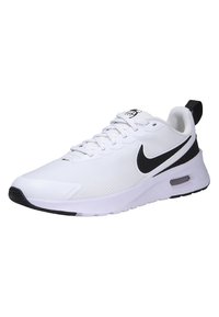 White athletic sneaker with black accents, textured upper, flat laces, and visible air cushioning in the heel. Manufacturer logo displayed.