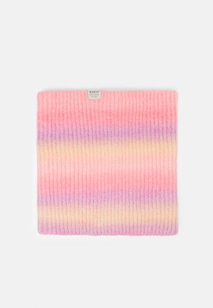 Scaldacollo lavorato a maglia in gradiente di rosa pastello, lavanda e crema. Presenta una texture a coste e un piccolo etichetta del marchio cucita su un bordo.