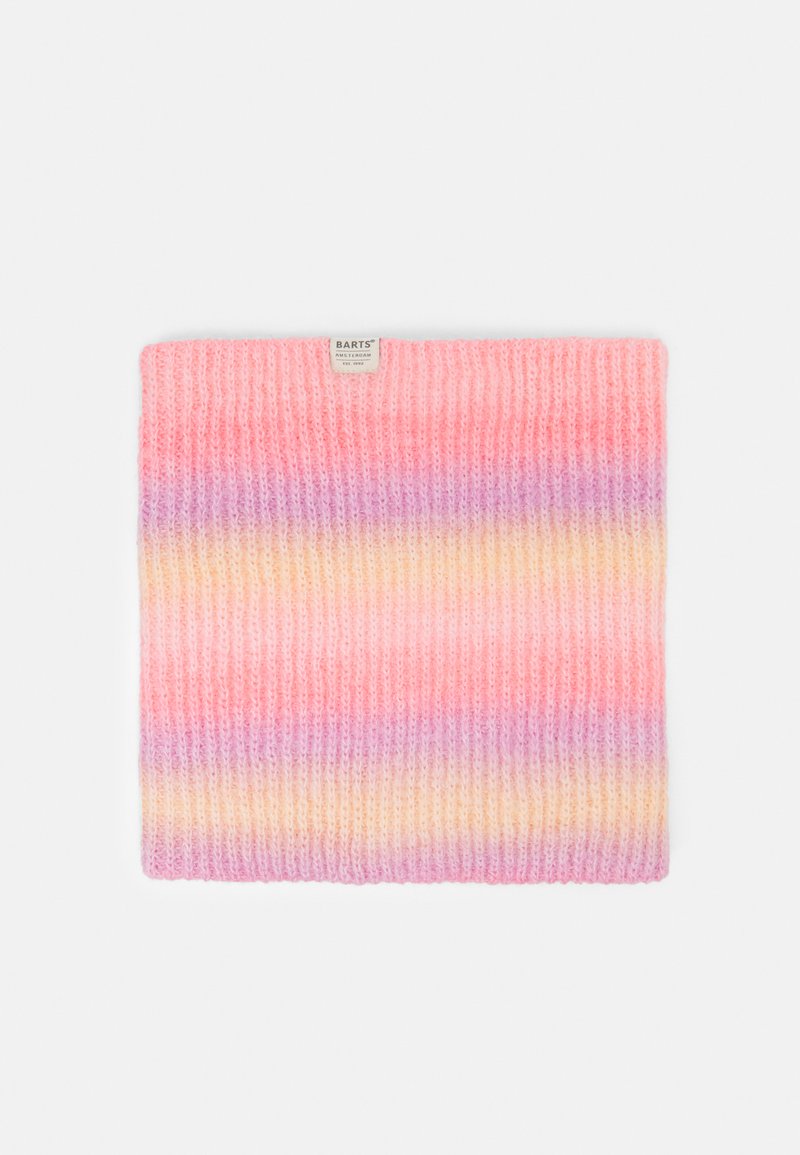 Knit neck warmer in pastel pink, lavender, and cream gradient. Features ribbed texture and a small brand label stitched on one edge.