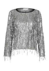 Top in metallo argentato con maniche lunghe, caratterizzato da frange per texture. Collo rotondo, materiale trasparente e una vestibilità complessiva ampia.