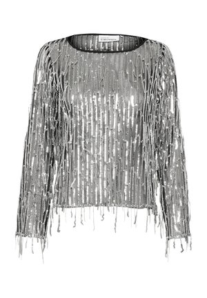 Hopea metallinhohtoinen paita pitkällä hihalla, jossa on roikkuvia nyörimäisiä säikeitä tekstuurin luomiseksi. Pyöreä pääntie, läpinäkyvä materiaali ja kokonaisuutena väljä istuvuus.