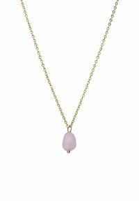 Gouden ketting met een gladde, lichtroze steen hanger met een klein zilveren accent aan de onderkant.