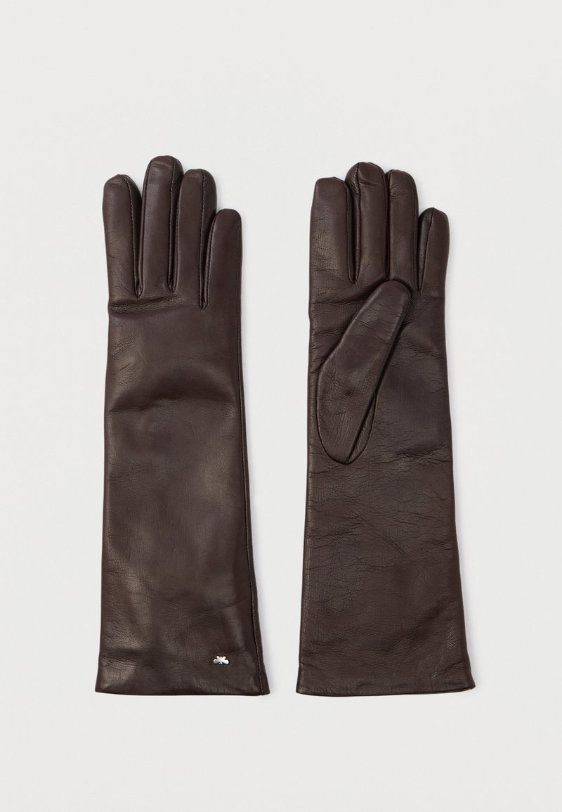 Pair of long dark brown leather gloves laid flat with visible stitching and a small silver detail near the wrist of one glove.