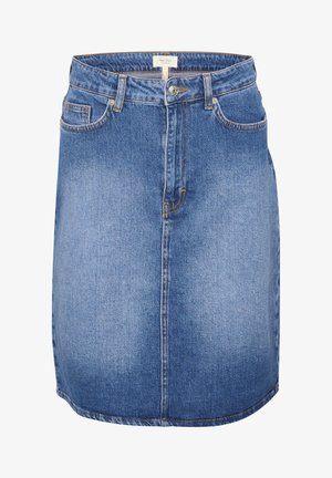 Denimkjol i ljusblått med rak skärning, framknäppning och två sidfickor. Har guldfärgad sömnad och rått fåll.