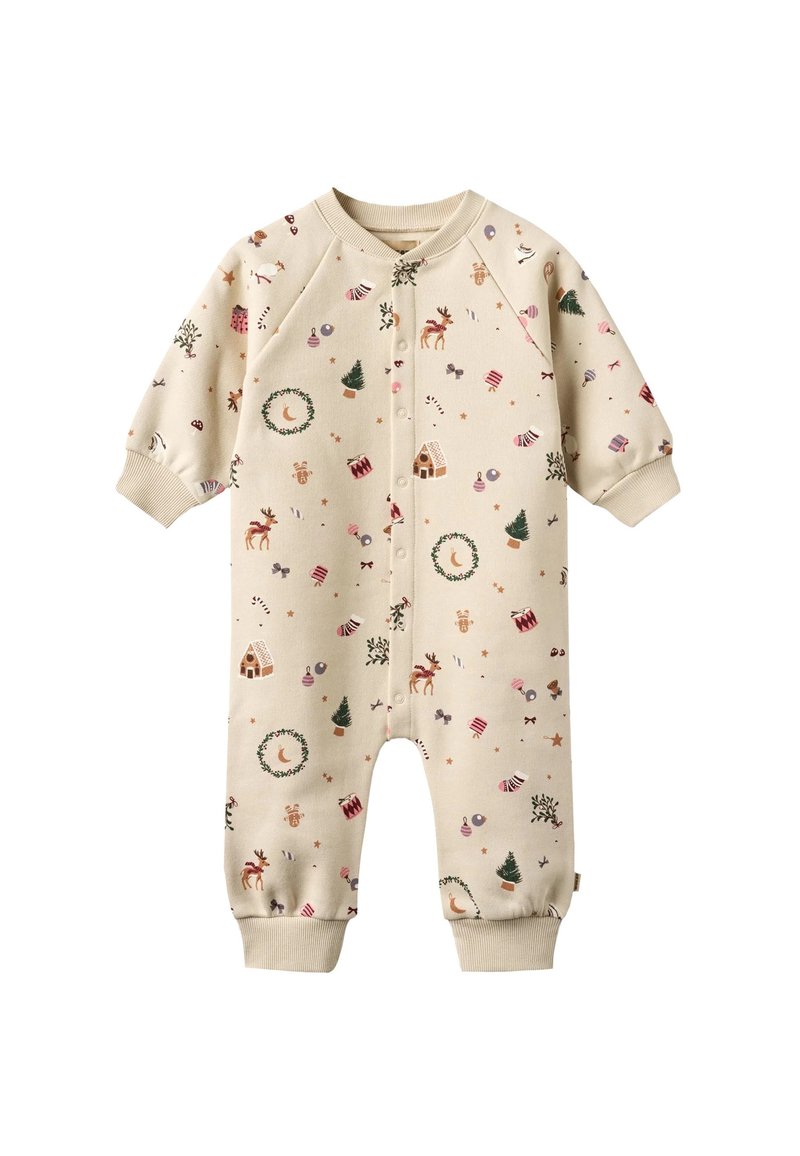 Body beige à manches longues avec imprimés festifs, comprenant des rennes, des sapins et des décorations. Comprend des poignets côtelés et une fermeture éclair à l'avant. Tissu doux.