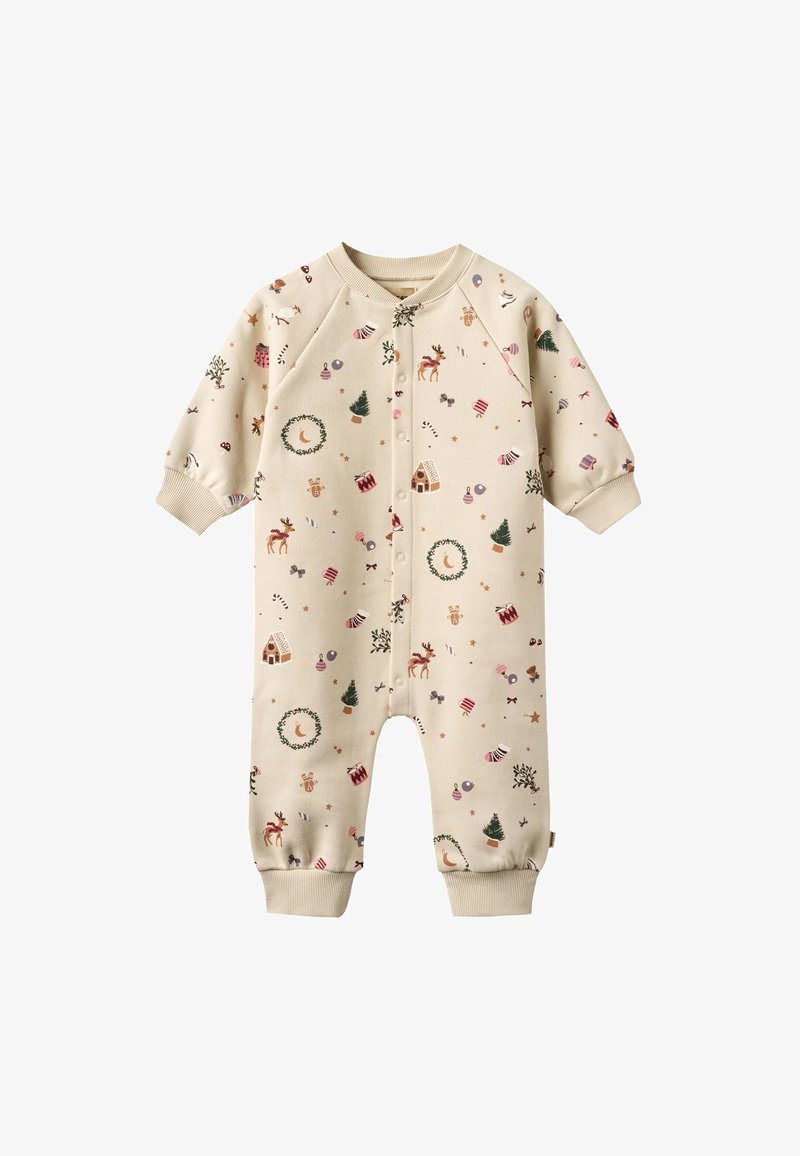 Body beige à manches longues avec imprimés festifs, comprenant des rennes, des sapins et des décorations. Comprend des poignets côtelés et une fermeture éclair à l'avant. Tissu doux.