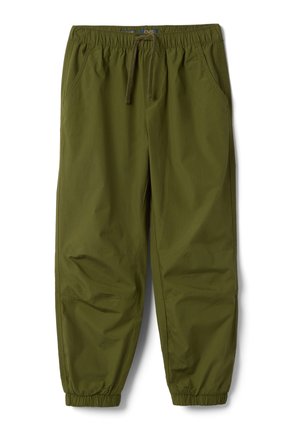 Pantalones casuales verde oliva con cintura elástica, cordón ajustable, bolsillos laterales y puños elásticos en los tobillos.