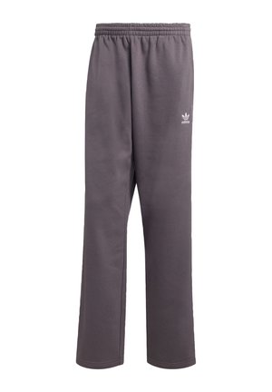 Gray fleece sweatpants with an elastic waistband, straight-cut legs, and a small white Adidas logo on the left side.